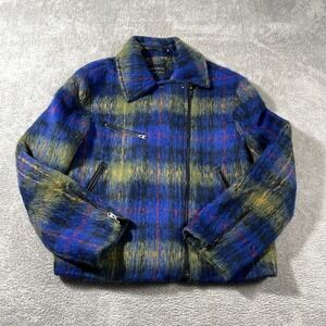 AllSaints Jacket Blue Plaid Wool Blend Moto Biker Style Full Zip‎